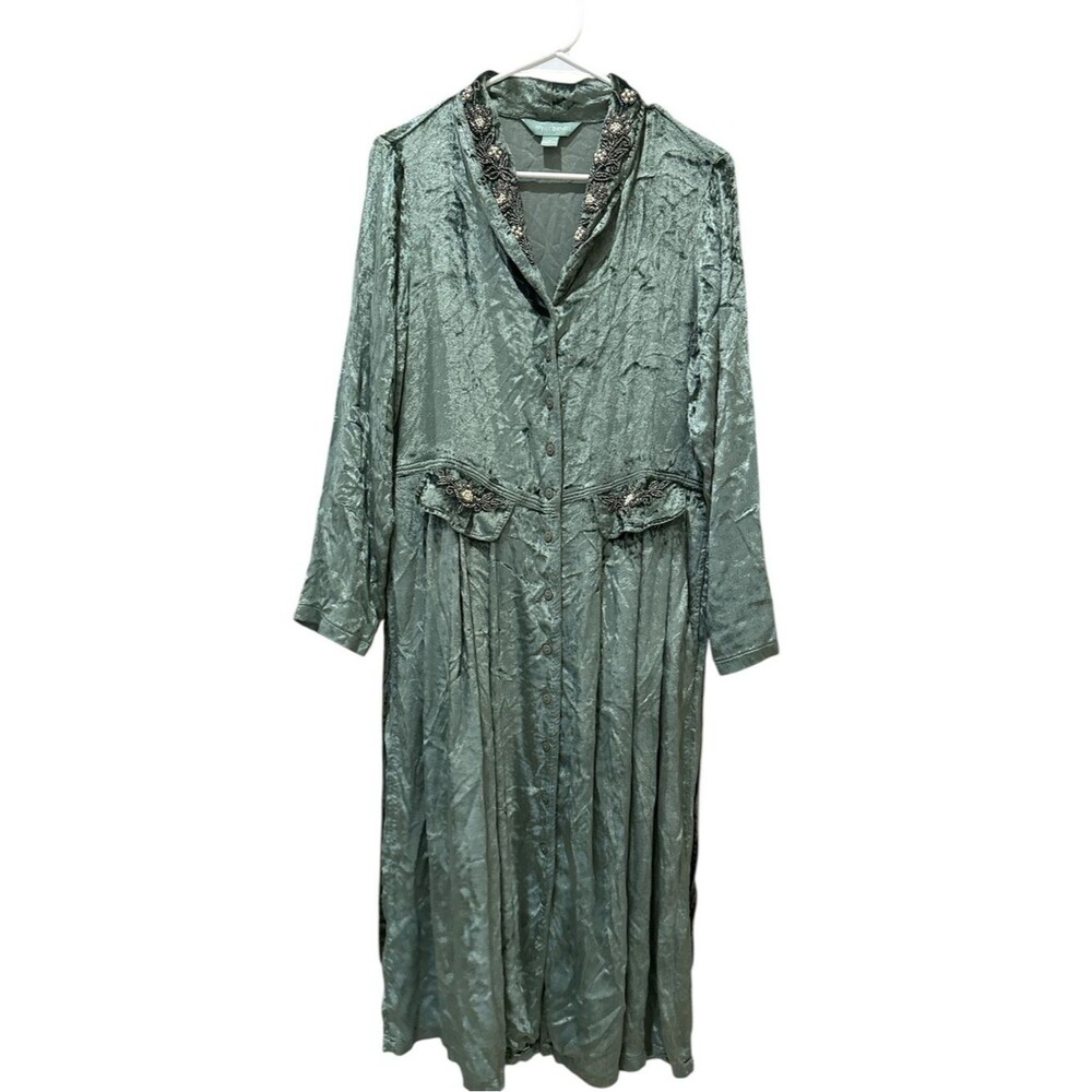 Vintage April Cornell Beaded Duster Shirt Dress Sage Green Romantic Boho Size: S